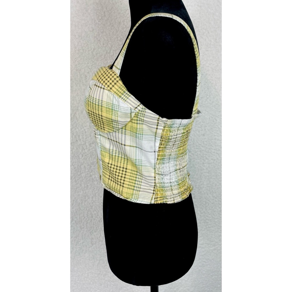 TWINE & STRING • Yellow/Green/White/Brown Plaid Bustier Smocked Crop Top, L - Picture 6 of 16